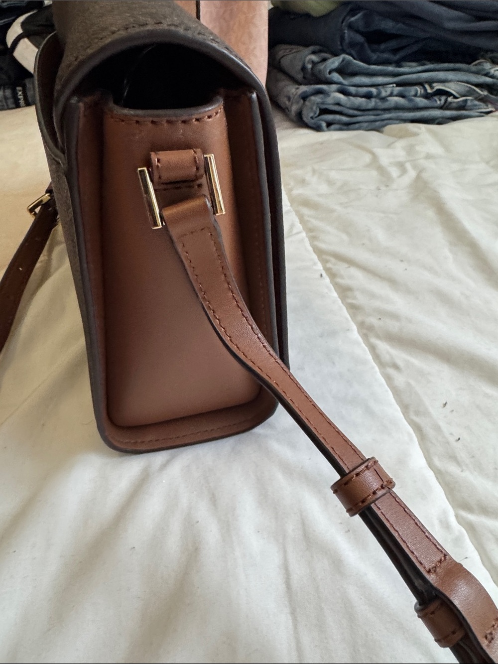 Michael Kors Dark Brown MK Monogram Messenger Bag with Gold Logo - Picture 9 of 10